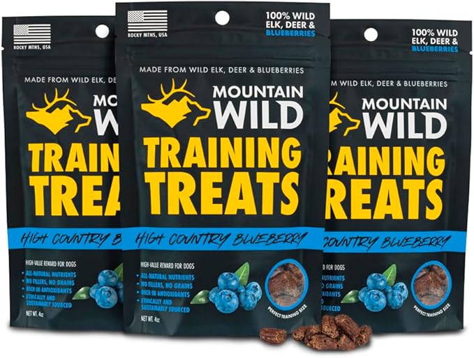 High Country Wild Blueberry Elk & Venison Dog Training Treats - Natural Grain-Free Puppy & Dog Snacks - Protein Treat for Training, Reward - No Fillers, No Artificial Preservatives, 4oz 3 Bags