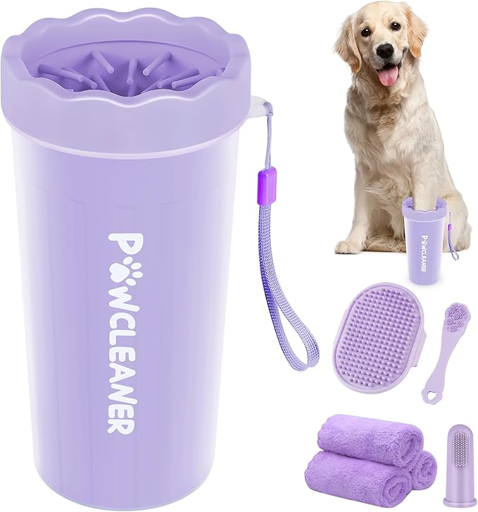 Professional 7 in 1 Dog Paw Cleaner for Dogs & Cats - Includes 1 Portable Paw Washer, 1 Bath Brush, 2 Dog Toothbrushes and 3 Absorbent Towels Note: Fits Paws 2.5 to 3.5 Inches Wide (Large, Purple)