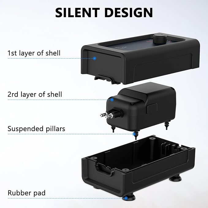 Fishkeeper Aquarium Air Pump, Quiet Powerful Fish Tank Air Pump, 6W/10W Adjustable Oxygen Pump, Metal Dual Outlets Aerator with Air Stone Bubbler for Fish Tank up to 140 Gallon 6W