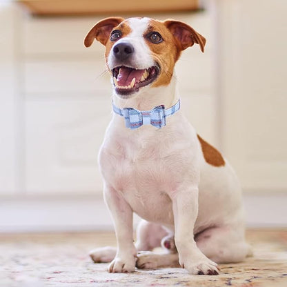 KOOLTAIL Small Dog Collar and Leash Set with Bowtie and Bells - Puppy Collar and Leash for Male with Classic Plaid Matching Pattern, Soft Leather Tangle Free Leashes for Small Dogs Boys Girls, Blue