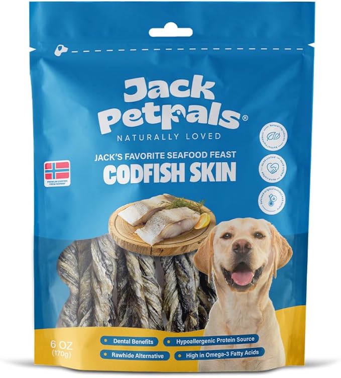 Jack’s Favorite Seafood Feast Codfish Skin - Premium Natural Cod Skin Chew For Dogs - High Protein, Low-Fat - Supports Dental Health - Single Ingredient - Training Treats - 6oz - 1 Pack