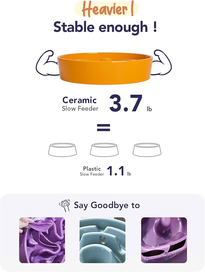 LE TAUCI Ceramic Puzzle Feeder Elevated 3 Cup with Wood Stand for Small Medium Dog & Puppy, Fast Eater Raised Dish Pumpkin Orange