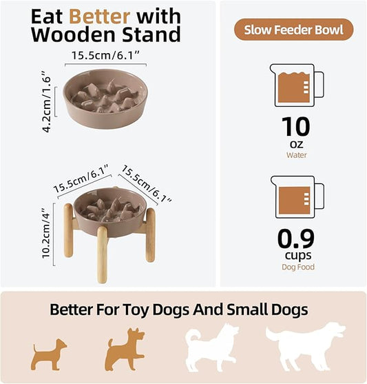 Ceramic 0.9 Cup Dog Raised Slow Feeder Set, Elevated Bowl with Wooden Stand for Small Dog, 6.1inch Pet Slow Feeder Dish for Fast Easters, Preventing Choking (Brown Coffee, Single Bowl+ Stand)