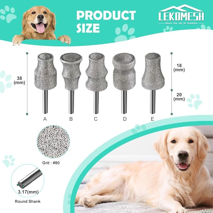 Dog Nail Grinder Bits - 1/8" Pet Nail Grinder Wheel for Dogs and Cats, Animal Diamond Rotary Bit for Home Grooming Tools and Animal Nail Care