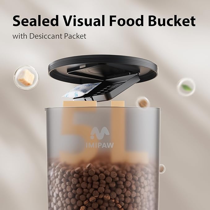 IMIPAW 5L Automatic Cat Feeder with Camera - AI Pet Recognition & Recording, Night Vision, 5G WiFi APP Remote Control, Two-Way Audio & Desiccant Bag, Timed Programmable Food Dispenser for Small Pets