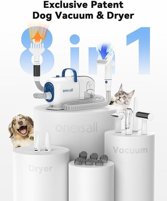 oneisall Dog Vacuum & Dryer for Shedding Grooming, 8 in 1 Dog Grooming Kit with Metal Blade Pet Clippers, Adjustable Speed and Temperature Control Blower