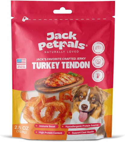 Jack’s Favorite Crafted Jerky Turkey Tendon - Premium Natural Turkey Tendon Jerky for Dogs - High Protein, Low-Fat - Supports Coat & Immune Health - Training Treats - 2.5 oz - 1 Pack