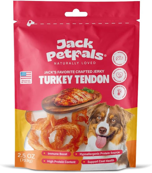 Jack’s Favorite Crafted Jerky Turkey Tendon - Premium Natural Turkey Tendon Jerky for Dogs - High Protein, Low-Fat - Supports Coat & Immune Health - Training Treats - 2.5 oz - 1 Pack