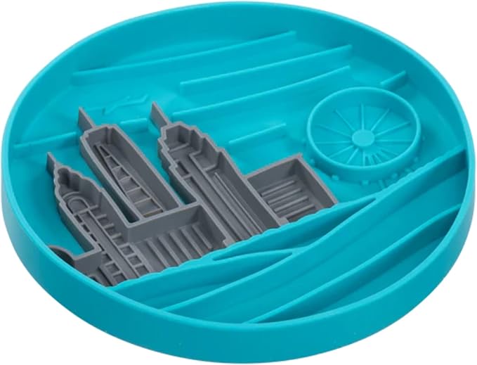 Messy Mutts and Cats Interactive Slow Feeder | Urban City Blue - 2 Cup Capacity | 8” Round Silicone Puzzle Slow Feeder for Dogs/Cats | Enrichment Food Dish for Slow Eating, Bloating