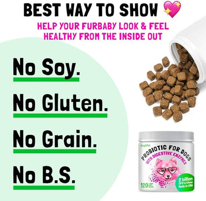 Probiotics for Dogs Natural Digestive Enzymes Prebiotics for Allergy Itch Relief Gut Flora Coprophagia Bowel Support Treatment Anti Diarrhea for Dogs Pet Health Immune System Support 120 Soft Chews