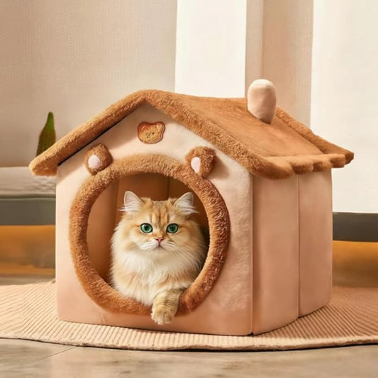 Cat Bed Cave, Cute Bear Shape Cat Beds for Indoor Cats, Pet House Cats Tent with Removable Cushion Pillow for Kittens Puppy Small Dogs (Brown-M, 18 * 14.6 * 15.7in)