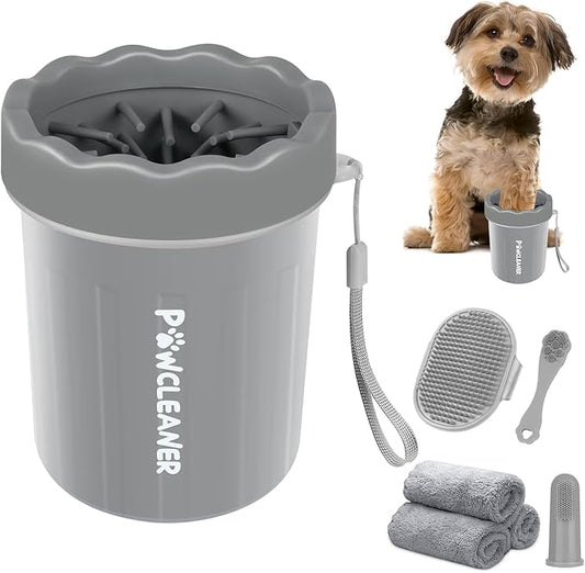 Professional 7 in 1 Dog Paw Cleaner for Dogs & Cats - Includes 1 Portable Paw Washer, 1 Bath Brush, 2 Dog Toothbrushes and 3 Absorbent Towels Note: Fits Paws up to 2 Inches Wide (Small, Grey)