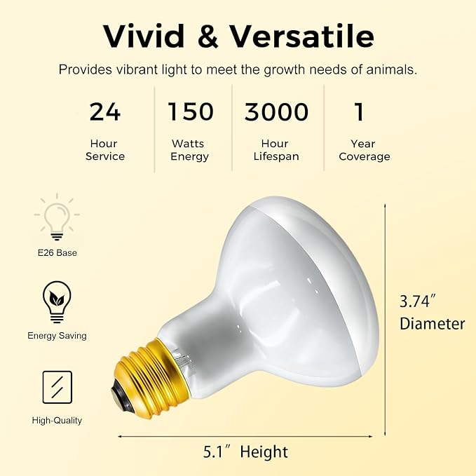 MISDOOD Reptile Heat Lamp 150W, 2 Pack Daylight UVA Basking Light Bulbs with E26 Base for Lizards, Turtles, Snakes and Amphibians