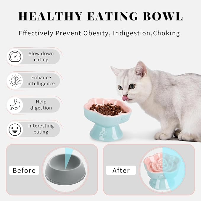 S&Q's CERAMICS Raised Slow Feeder Cat Bowl, Ceramic Elevated and Titled Glass Food Bowl Small Dogs Slow Feeder, Flower Shaped Cute Cat Dish for Dry and Wet Food (Pink, 5.8")