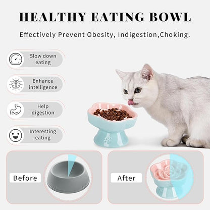 S&Q's CERAMICS Raised Slow Feeder Cat Bowl, Ceramic Elevated and Titled Glass Food Bowl Small Dogs Slow Feeder, Flower Shaped Cute Cat Dish for Dry and Wet Food (Pink, 5.8")
