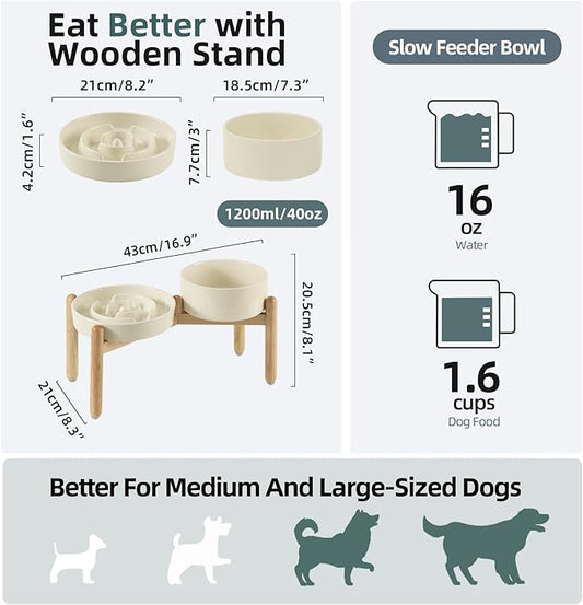 Ceramic Raised Slow Feeder Dog Bowl Set, Elevated 7.3inch Bowl and 8.2inch Puzzle Slow Dish with Wooden Stand for Medium and Large Dog, Anti-Gulping (2X Beige+ Stand)