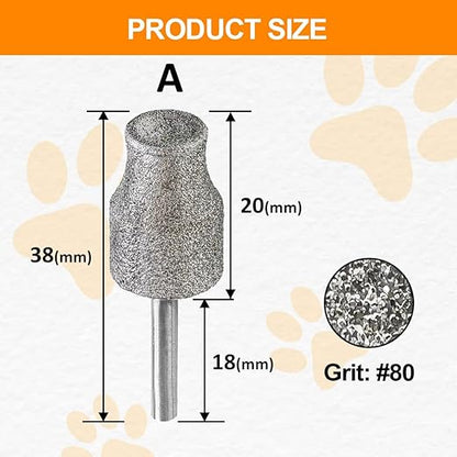 Diamond Rotary Pet Nail Grinder Bits Dog Nail Grinder Replacement Head -2PCS 1/8" Replacement Grinder Wheel for Animals Nail Care(A)