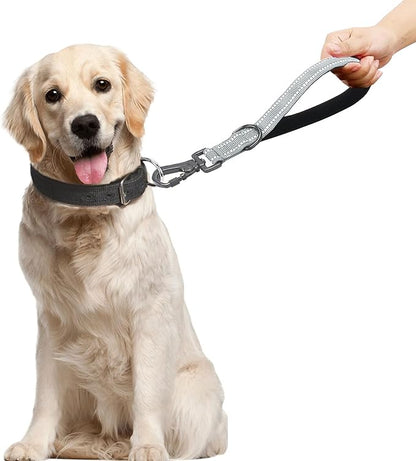 12” Short Dog Leash, Reflective Nylon Padded Handle, Heavy Duty Strong Traffic Leash with Carabiner Clip, Perfect for Large or Medium Dogs (Gray, 12 Inch)