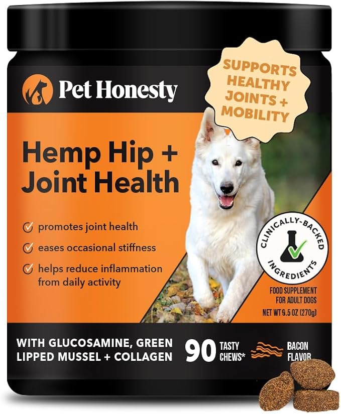 Hemp Hip & Joint Supplement for Dogs - Hemp Oil & Powder - Glucosamine Chondroitin for Dogs, Turmeric, MSM, Green-Lipped Mussel, Supports Mobility, May Reduce Discomfort (Bacon)