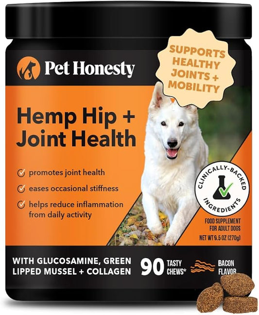 Hemp Hip & Joint Supplement for Dogs - Hemp Oil & Powder - Glucosamine Chondroitin for Dogs, Turmeric, MSM, Green-Lipped Mussel, Supports Mobility, May Reduce Discomfort (Bacon)