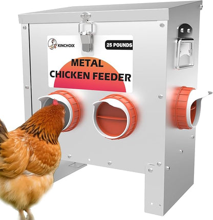Kinchoix Metal Chicken Feeder Large Capacity 25lbs Automatic Metal Chicken Feeders No Waster Weatherproof Poultry Feeder for Chickens, Geese, Ducks, Turkeys (4-Port)