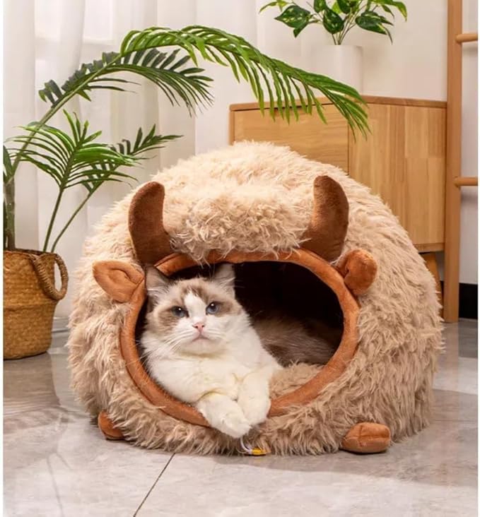 Mushroom Shape Cat House Cow Shape Cat Cave Bed Semi-Enclosed Cave-Style Warm Cat House Pet Nest for Cats Small Dogs