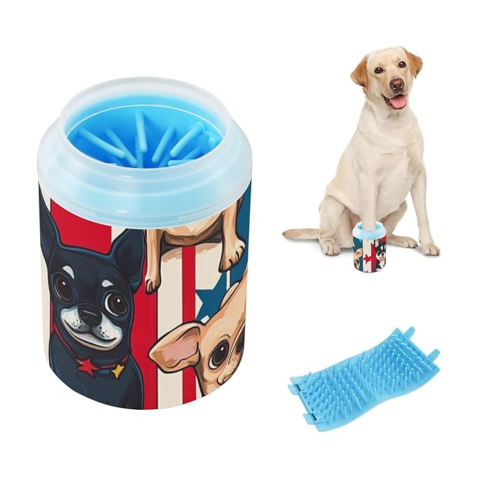 Dog Paw Cleaner Cups for Dogs Pet Foot Washer Paw Scrubber for Medium Small Dogs Cats Cleaning Cup Cute Chihuahua Dogs and Patriotic Stars