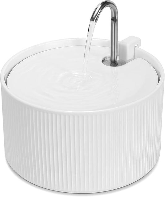 Ceramic Cat Water Fountain, 2.2L/ 74oz Pet Water Fountain, Drinking Fountains Bowl for Cats and Dogs with Replacement Filter and Foam (White)