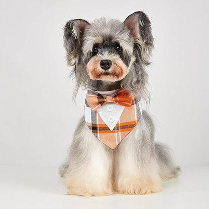Fall Dog Tuxedo Bandana, Orange Plaid Pet Collar with Bowtie, Adjustable Halloween Thanksgiving Dog Tux Costume for Small to Extra Large Pets