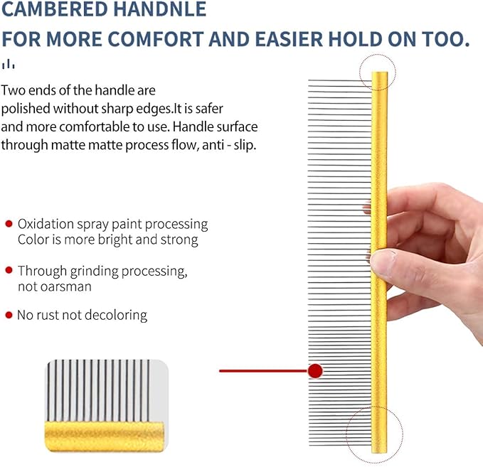 Professional Dog Grooming Comb for Shedding, Tangles, Knots, and Mats - Metal Gold Dog Comb with Long and Wide Tooth for Long Hair Dogs and Cats - No Hurt Pets Skin - 7.5INCHES - 1PC