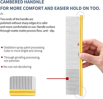 Professional Dog Grooming Comb for Shedding, Tangles, Knots, and Mats - Metal Gold Dog Comb with Long and Wide Tooth for Long Hair Dogs and Cats - No Hurt Pets Skin - 7.5INCHES - 1PC