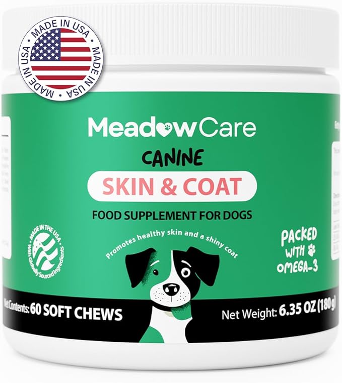 Skin and Coat Supplement for Dogs | Omega 3 Fatty Acid Formula to Support Canine Healthy Skin, Reduce Shedding, and Improve a Glossy, Shiny Coat | 60 Tasty Soft Chews 180g (6.35 oz) | by MeadowCare