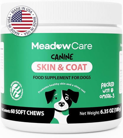 Skin and Coat Supplement for Dogs | Omega 3 Fatty Acid Formula to Support Canine Healthy Skin, Reduce Shedding, and Improve a Glossy, Shiny Coat | 60 Tasty Soft Chews 180g (6.35 oz) | by MeadowCare