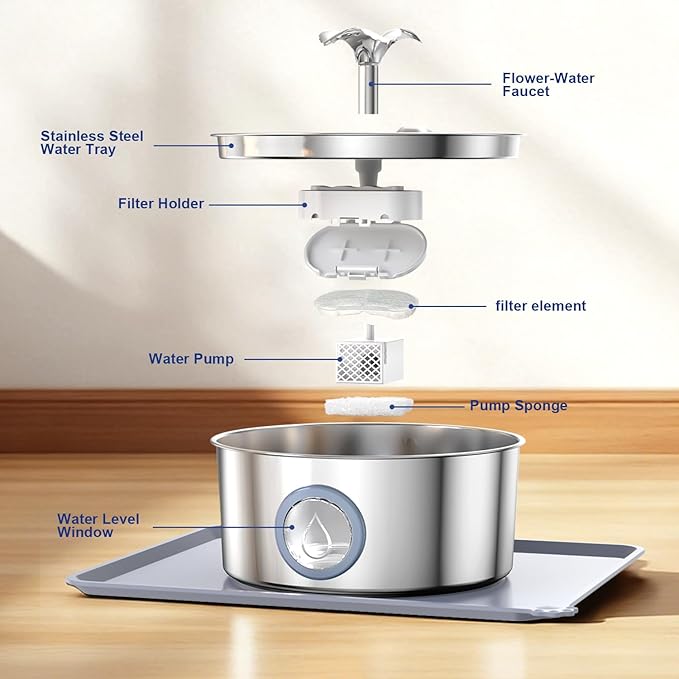 Stainless Steel Cat Water Fountain, 108oz/3.2L Automatic Pet Fountain Water Dispenser for Cats and Dogs, Indoor Cat Fountain for Drinking, Water Fountain for Cats, Pet Water Dispenser