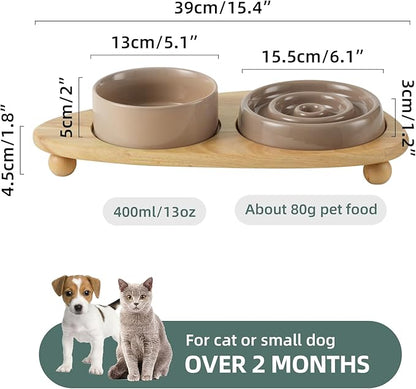 Ceramic Slow Cat Feeder Bowl, Raised Slow Cat Food Bowl, Elevated Cat Water Bowl with Wooden Stand, Pet Slow Feeder Bowl, Circle Shape. (2 x Bowl with Stand - Brown Coffee, 6inch)