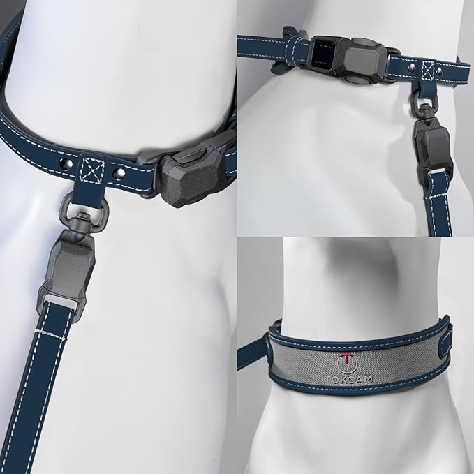 Magnetic Quick-Release Buckle Dog Collar and Leash Set, Easy On & Off Faux Leather Adjustable Puppy Collar for Small, Medium, Large Girl Boy Dogs, for Daily Walks, Travel & Outdoor, Blue,M