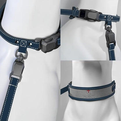 Magnetic Quick-Release Buckle Dog Collar and Leash Set, Easy On & Off Faux Leather Adjustable Puppy Collar for Small, Medium, Large Girl Boy Dogs, for Daily Walks, Travel & Outdoor, Blue,M
