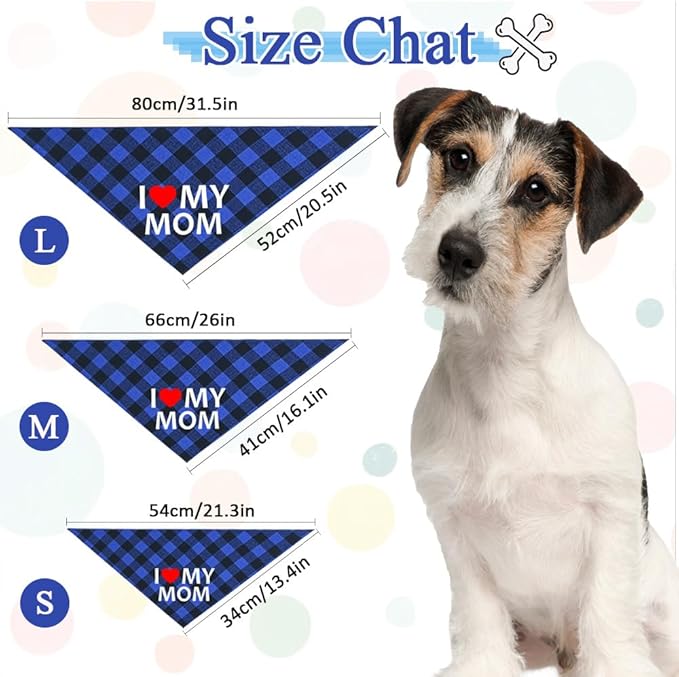 GreenJoy Cute Plaid Dog Bandana – Washable Pet Triangle Scarf for Small, Medium, Large Dogs and Cats, Adjustable Pet Accessory for Birthday, Wedding and Christmas (Blue (Mom), Small)