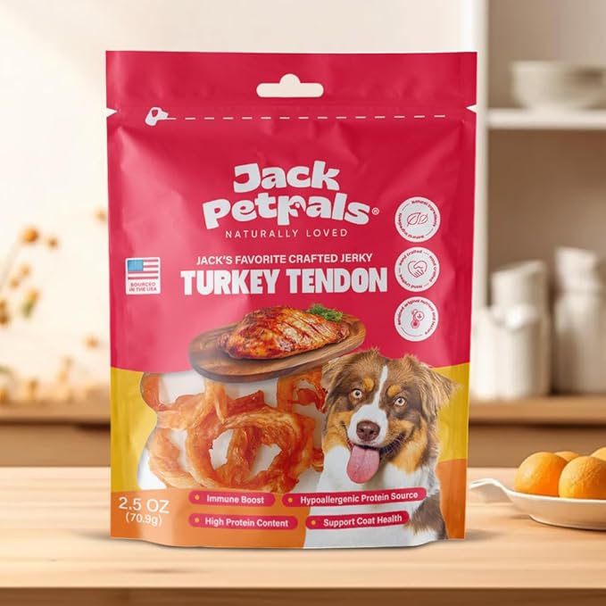 Jack’s Favorite Crafted Jerky Turkey Tendon - Premium Natural Turkey Tendon Jerky for Dogs - High Protein, Low-Fat - Supports Coat & Immune Health - Training Treats - 2.5 oz - 1 Pack