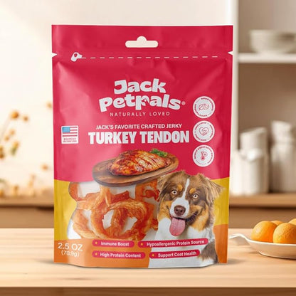 Jack’s Favorite Crafted Jerky Turkey Tendon - Premium Natural Turkey Tendon Jerky for Dogs - High Protein, Low-Fat - Supports Coat & Immune Health - Training Treats - 2.5 oz - 1 Pack