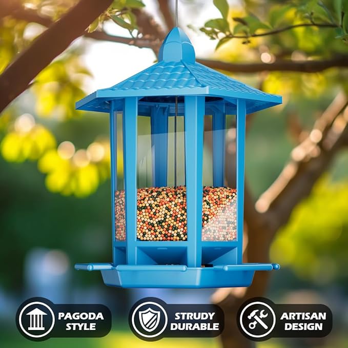 Birdream 2 Pack Bird Feeders for Outdoor Hanging, Retro Pagoda Design Fun Installation Bird Feeders, Attracting Wild Birds Chickadees Goldfinches Cardinals Finches and Sparrows - Blue