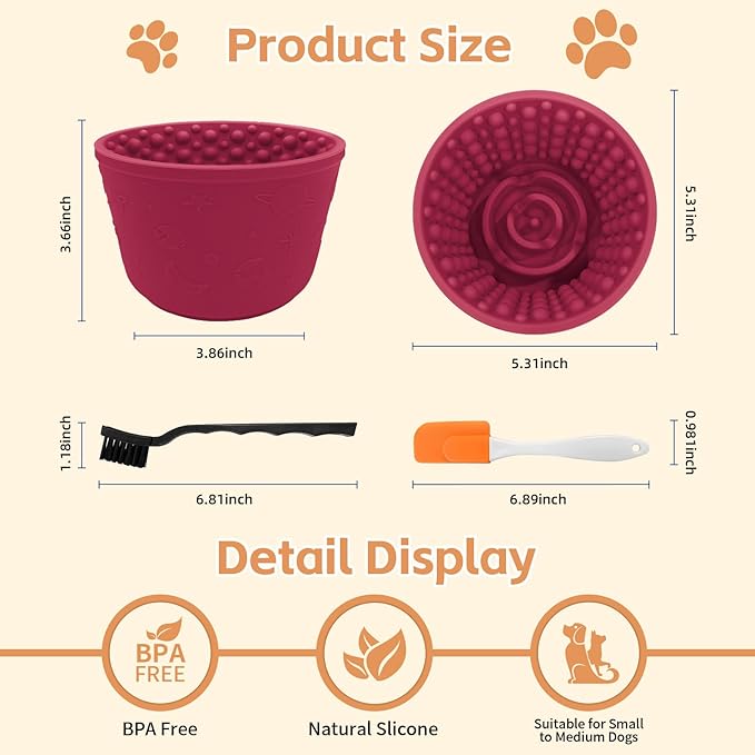 Dog Lick Bowl with Brush and Scraper, Anxiety Relief Silicone Slow Feeder Treat Dispenser, Anti-chocking Pet Dish, Non-Slip Interactive Entertainment Dog Puzzle Toy for Medium & Large-Dark Red
