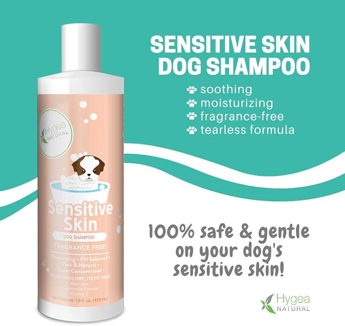 Hygea Natural Sensitive Skin Dog Shampoo - Nourishing Pet Shampoo for Dogs – Oatmeal Formula with Aloe and Vitamin E – Fragrance Free - Natural Ingredients, 16 oz