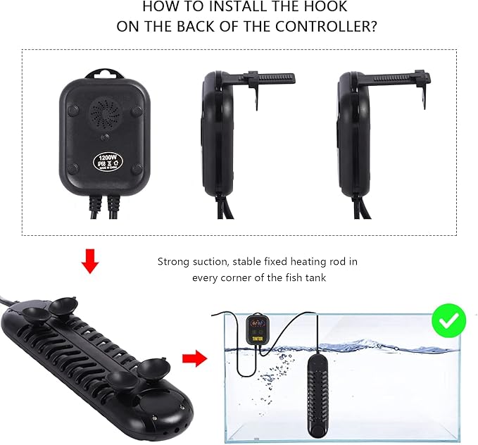 Submersible Aquarium Heater, 800W/1200W fish tank heater, double tube heating, rapid heating and energy saving, LED digital temperature controller, suitable for sea water and fresh water(1200W)