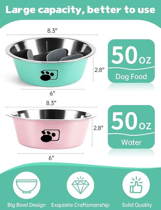 Slow Feeder Dog Bowls,6cups Large Capacity,Set of 2,Including Two Bowls and one Slow Feeder Insert,Suitable for Large and Medium-Sized Dogs