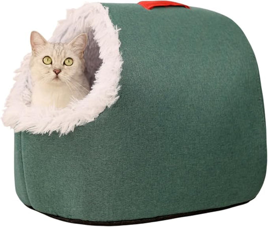 WinterWarmPet CaveBed, Warm Enclosed Pet Bed, Portable Cold-Proof Cozy Cat House Comfortable Anxiety-Relief Pillow Bed (Green, Medium)