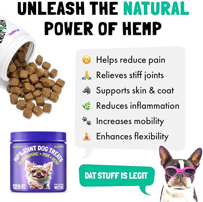 LEGITPET Hemp Hip & Joint Supplement for Dogs Soft Chews Made in USA Functional Glucosamine for Dogs Chondroitin MSM Turmeric Hemp Seed Oil Natural Pain Relief Mobility Advanced Joint 120 Treats
