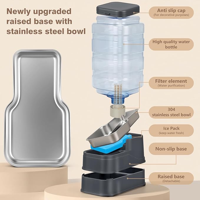 Cat Automatic Feeder Dog Water Dispenser with Stainless Steel Bowl Pet Gravity Waterer Large Capacity Feeding Raised Bowls for Small Medium Large Pets with Filter,Ice Pack 8L
