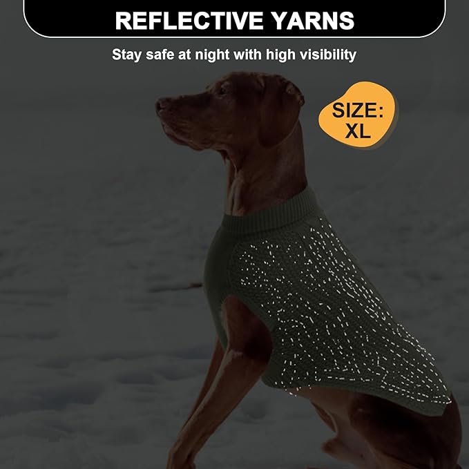 XL Dog Sweater, Classic Cable Knit Warm Dog Sweatshirt with Reflective Yarn for Girl Boy, Halloween Fall Winter Coat Turtleneck Pullover Clothes Apparel for Small Medium Large Dogs, Green XL