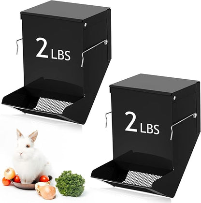 Maxcheck 2 Pcs Rabbit Feeder for Cages Small Animal Food Dispenser with Lid Metal Chicken Grit Oyster Shell Feeders Outside (4.7 Inches,Mesh Bottom,Black)